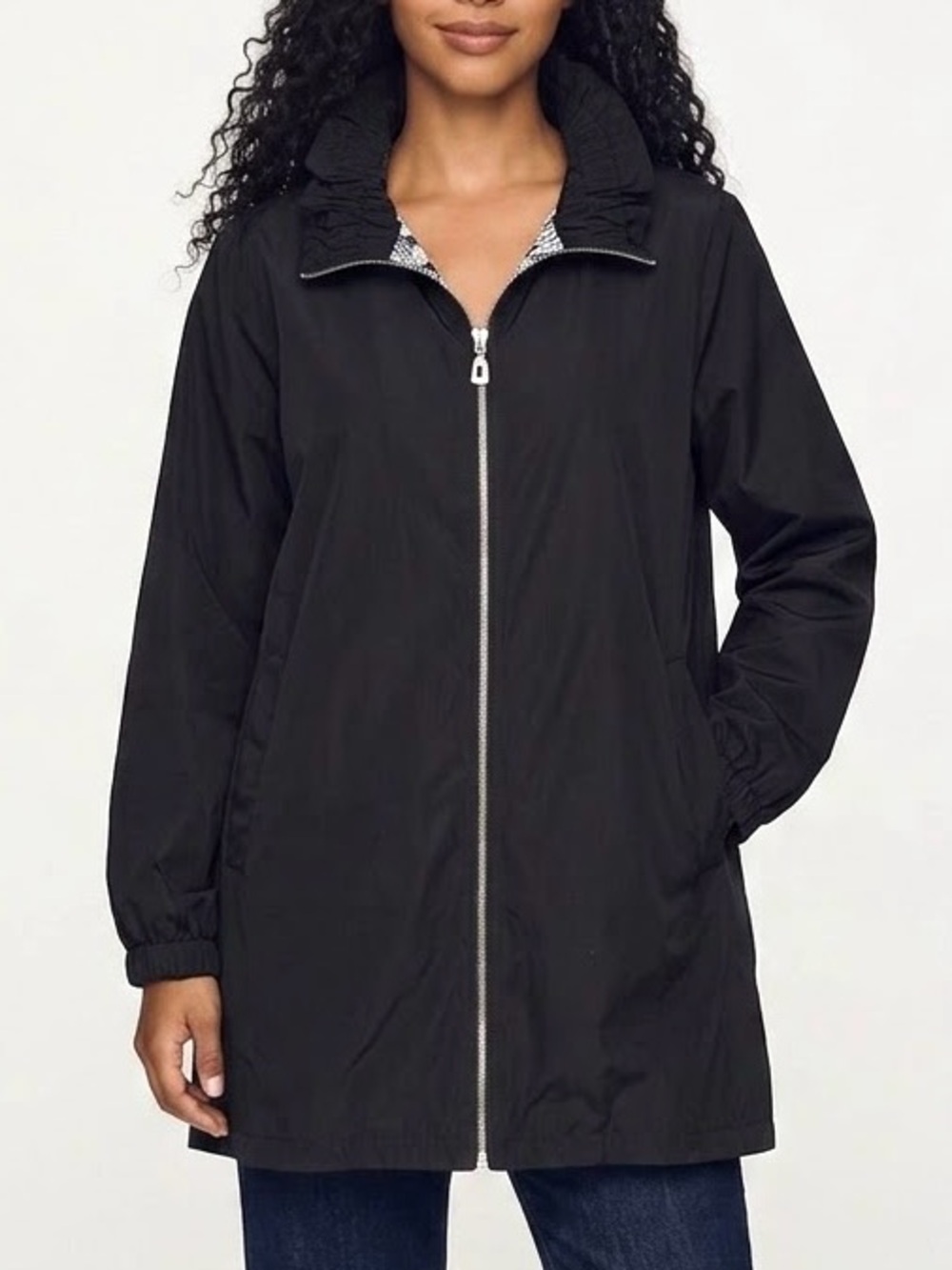 Chico's Black Ruffle Collar Rain Jacket Size 2P 12/14 Petite Water Resistant